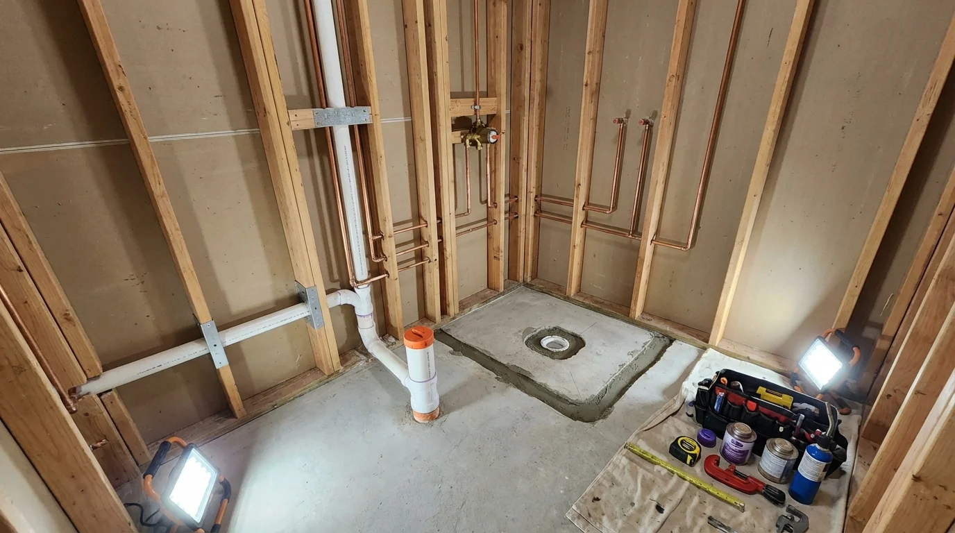 Bathroom rough-in plumbing during remodel by Johns Plumbing LLC in Raymore
