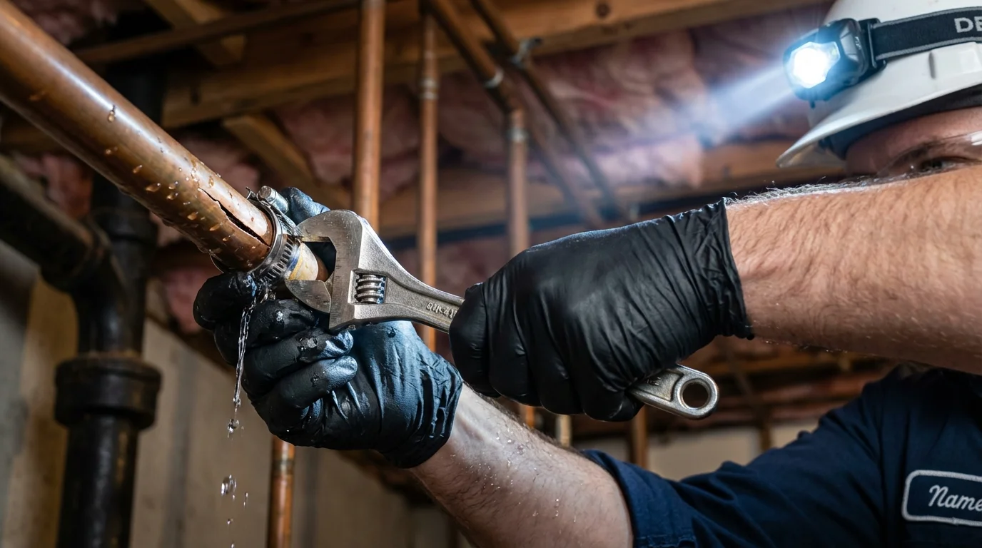 Emergency pipe clamp repair being performed by a Johns Plumbing LLC plumber in Raymore