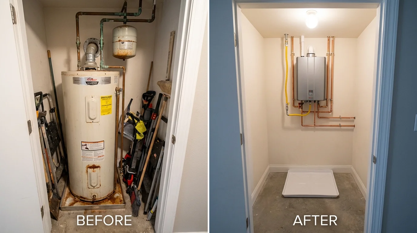 Tank water heater versus wall-mounted tankless unit comparison for Raymore, MO homeowners