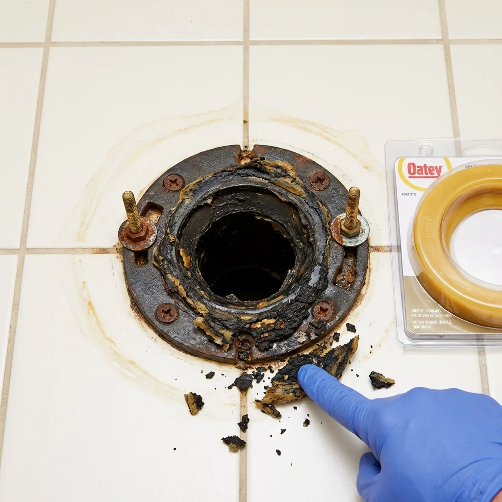 Failed wax ring showing water seepage at the base of a toilet in a Raymore, MO home