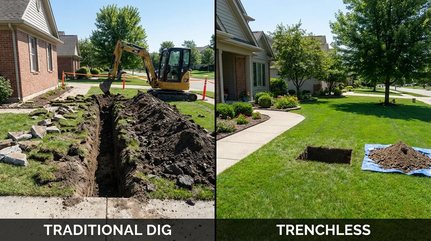 Trenchless sewer repair with minimal yard damage versus traditional excavation in Raymore, MO