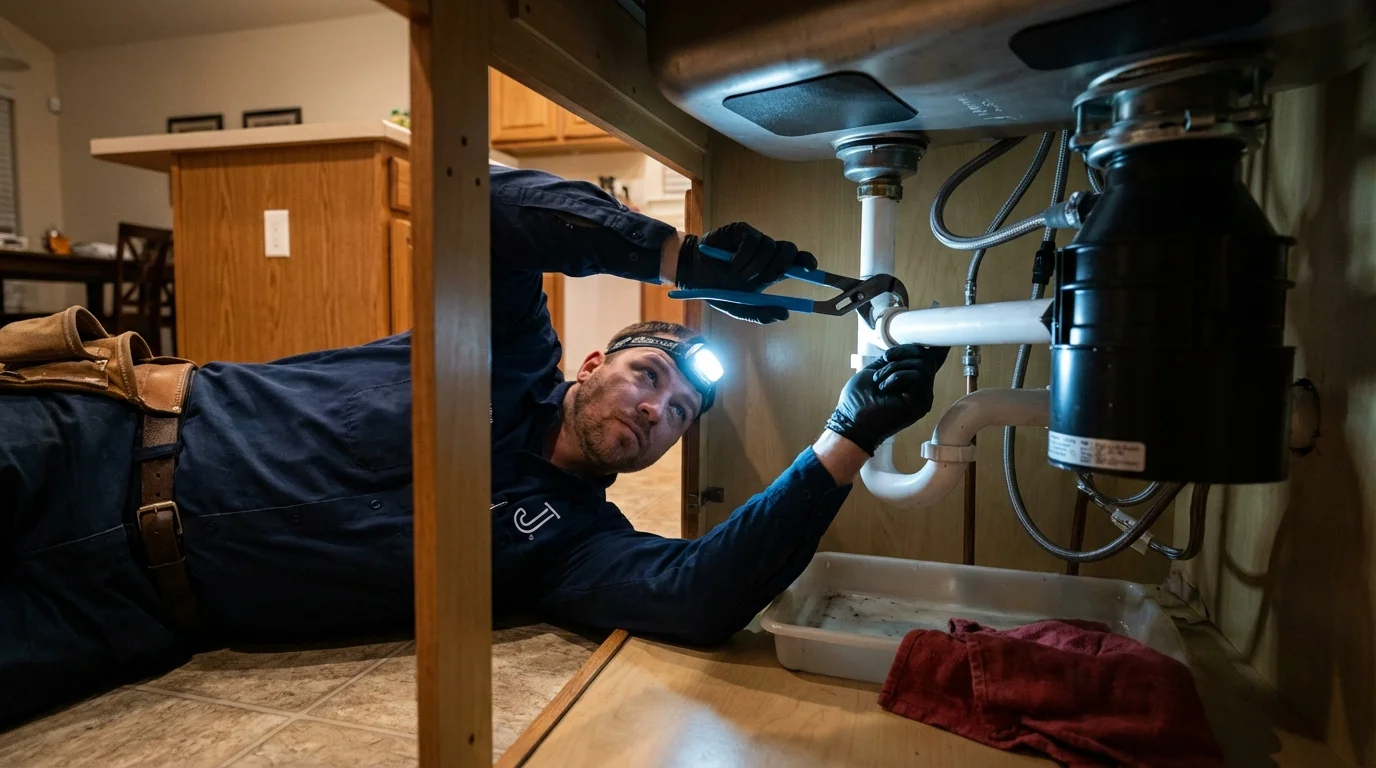 P-trap and supply line connections under a kitchen sink showing a common leak point in Raymore, MO
